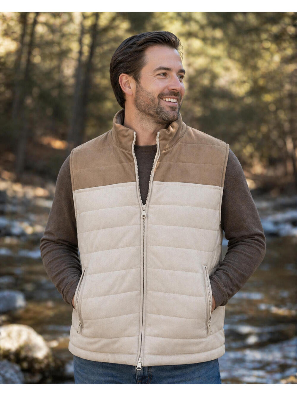 Magaschoni Man Vest Mens XL Beige Tan Colorblock Faux Leather Puffer Quilted